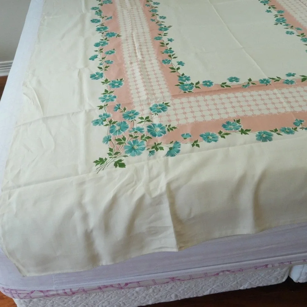 Vintage Maycraft Pure Linen Tablecloth Hand Printed Floral 65x85 Cottagecore